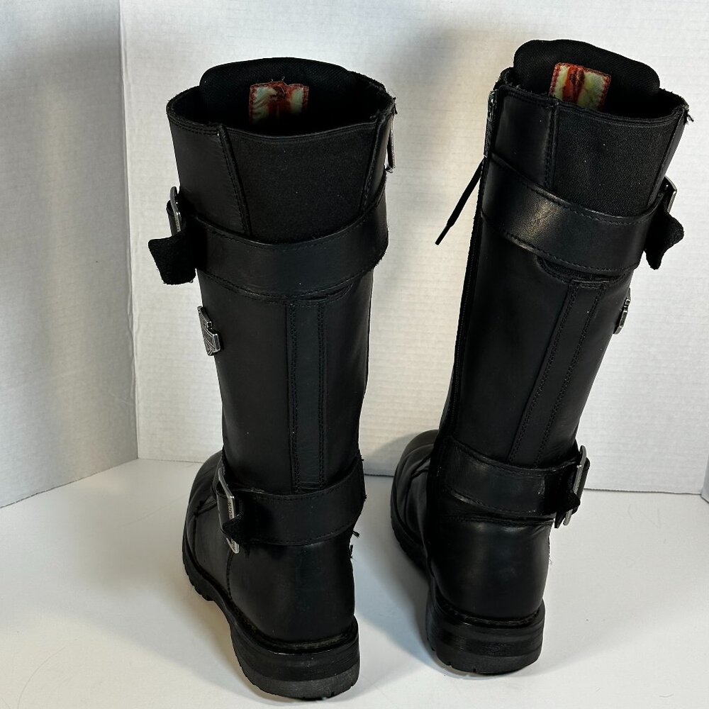 Harley-Davidson Black Leather Lace-Up Buckle Heeled Motorcycle Boots - Picture 3 of 16